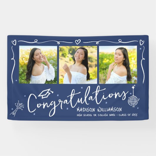 Blue Hand Drawn Style Doodles Graduation 3 Photo Spandoek (Horizontaal)