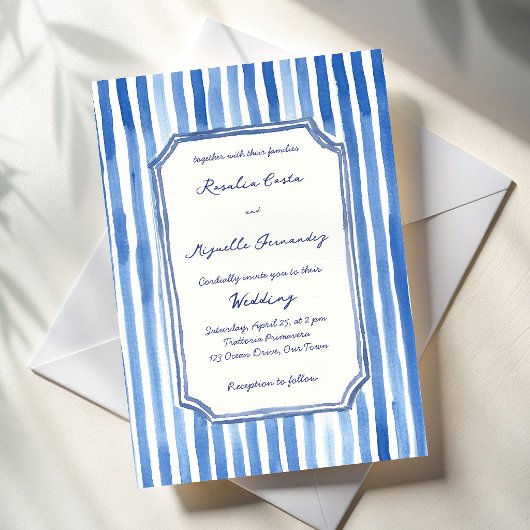 Blue hand drawn vintage stripes wedding kaart