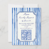 Blue hand drawn vintage stripes wedding RSVP kaartje (Voorkant)