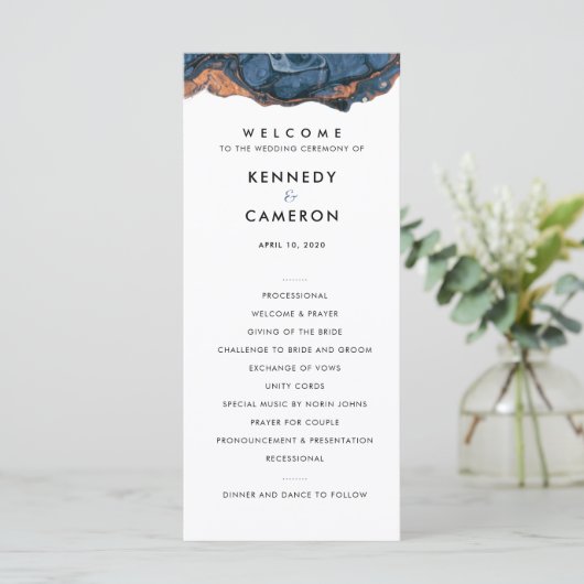 Blue Hand Painted Marble Wedding Ceremony Programm Programmakaart (Staand voorkant)
