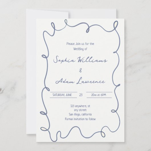 Blue  Hand Written Pinstripes Whimsical Wedding Kaart (Voorkant)