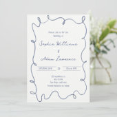 Blue  Hand Written Pinstripes Whimsical Wedding Kaart (Staand voorkant)