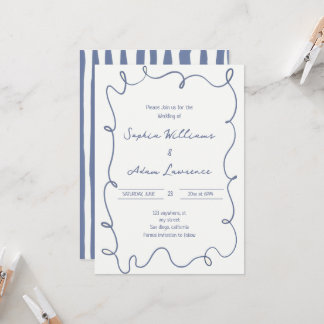 Blue  Hand Written Pinstripes Whimsical Wedding Kaart