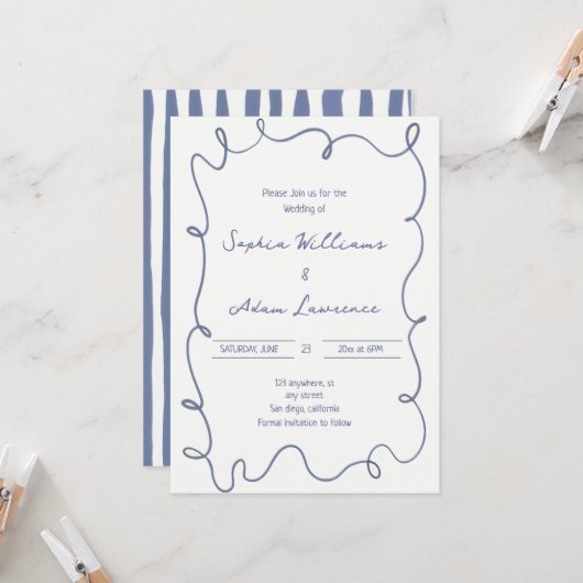 Blue  Hand Written Pinstripes Whimsical Wedding Kaart (Voorkant / Achterkant in situ)
