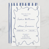 Blue  Hand Written Pinstripes Whimsical Wedding Kaart (Voorkant / Achterkant)