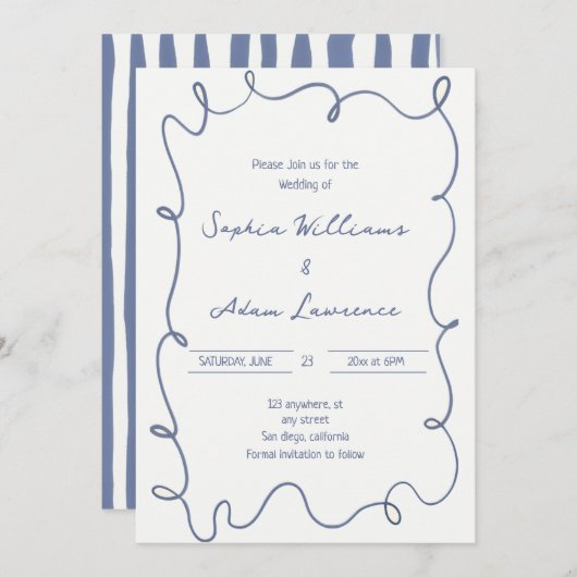 Blue  Hand Written Pinstripes Whimsical Wedding Kaart (Voorkant / Achterkant)
