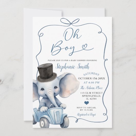 Blue Handgetrokken Bow Elephant Baby shower Boy Kaart (Voorkant)