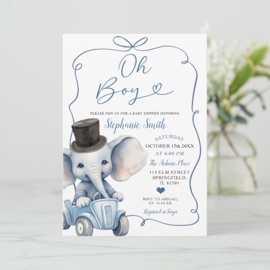 Blue Handgetrokken Bow Elephant Baby shower Boy Kaart (Staand voorkant)