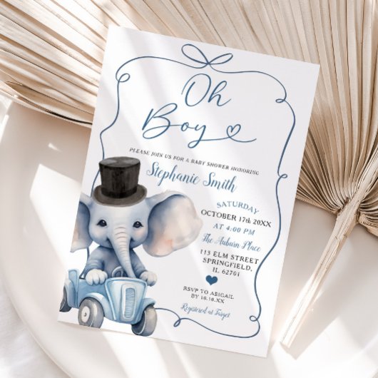 Blue Handgetrokken Bow Elephant Baby shower Boy Kaart