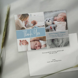 Blue Handlettering Photo Collage Baby shower Bedankkaart