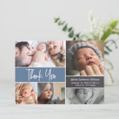 Blue Handlettering Photo Collage Baby shower Bedankkaart (Staand voorkant)
