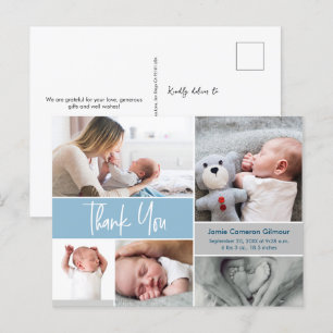 Blue Handlettering Photo Collage Baby shower Briefkaart
