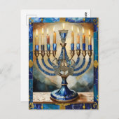 Blue Hanukkah Menorah Briefkaart (Voorkant / Achterkant)