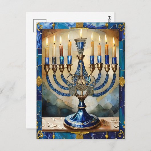 Blue Hanukkah Menorah Briefkaart (Voorkant / Achterkant)