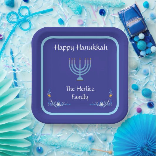 Blue HANUKKAH Menorah Customize NAME Papieren Bordje (Feest)
