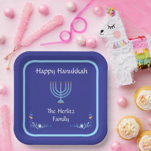Blue HANUKKAH Menorah Customize NAME Papieren Bordje (Feest)