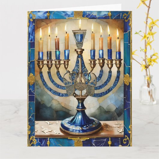 Blue Hanukkah Menorah Kaart (Gele Bloem)