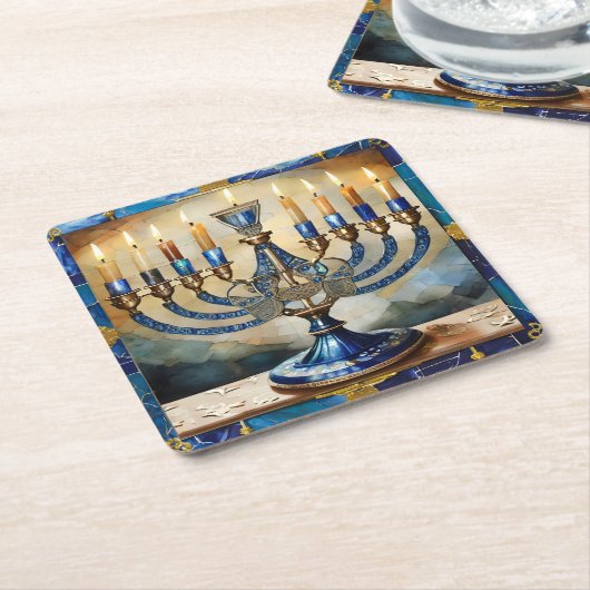 Blue Hanukkah Menorah Kartonnen Onderzetters (Schuin)
