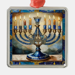 Blue Hanukkah Menorah Metalen Ornament