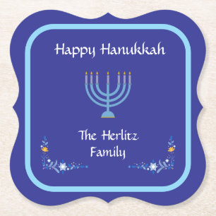 Blue HANUKKAH Menorah Naam aanpassen Kartonnen Onderzetters