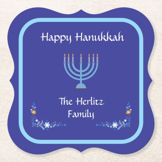 Blue HANUKKAH Menorah Naam aanpassen Kartonnen Onderzetters (Voorkant)