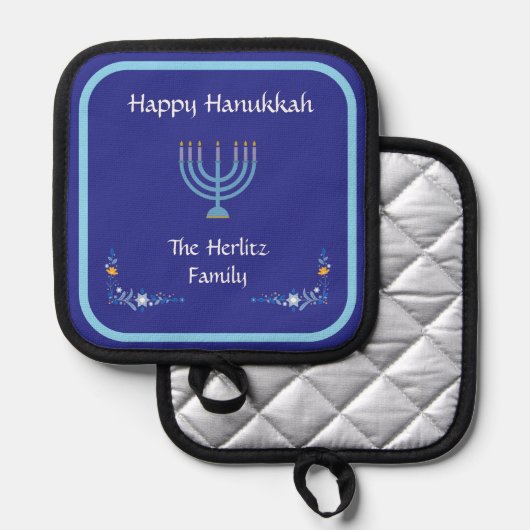 Blue HANUKKAH Menorah Naam aanpassen Pannenlap (Voorkant / Achterkant)