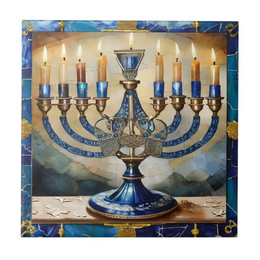 Blue Hanukkah Menorah Tegeltje (Voorkant)
