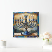 Blue Hanukkah Menorah Vierkante Klok (Huis)