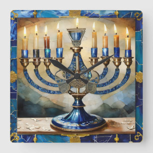 Blue Hanukkah Menorah Vierkante Klok