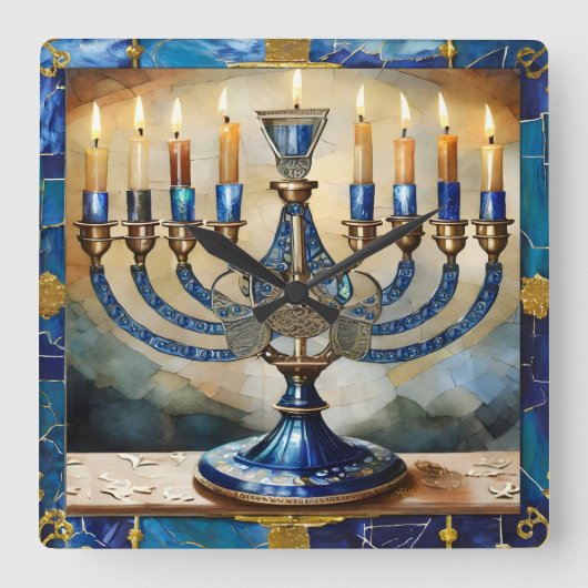 Blue Hanukkah Menorah Vierkante Klok (Voorkant)