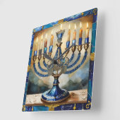 Blue Hanukkah Menorah Vierkante Klok (Hoek)
