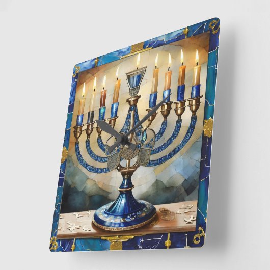 Blue Hanukkah Menorah Vierkante Klok (Hoek)