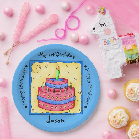 Blue Happy 1st Birthday Cake Bord (Feest)