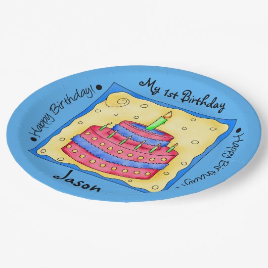 Blue Happy 1st Birthday Cake Bord (Gekanteld)