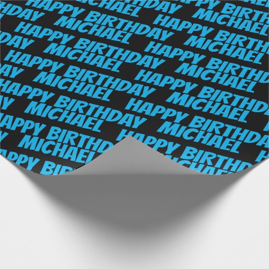 Blue Happy Birthday en Boy Name Pattern Black Cadeaupapier (Hoek)