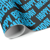 Blue Happy Birthday en Boy Name Pattern Black Cadeaupapier (Rol Hoek)