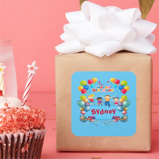 Blue Happy Birthday Naam Sticker (Feest)