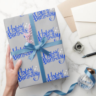 Blue Happy Birthday op Grey Cadeaupapier