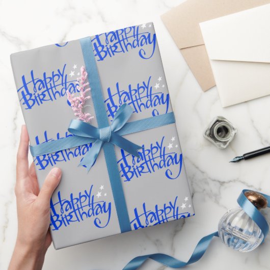 Blue Happy Birthday op Grey Cadeaupapier (Geschenken)