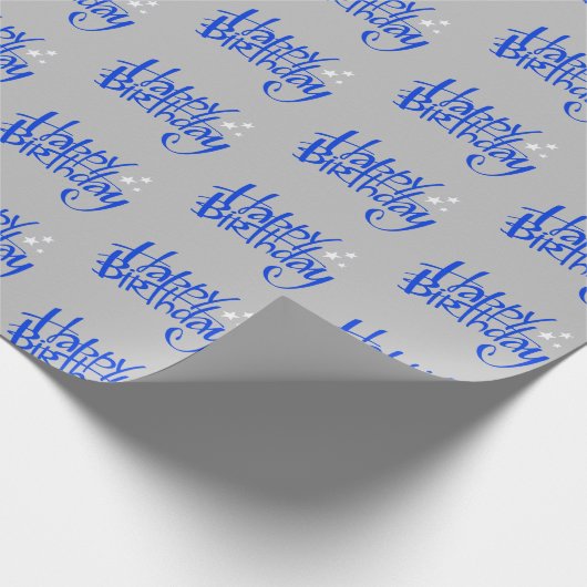 Blue Happy Birthday op Grey Cadeaupapier (Hoek)