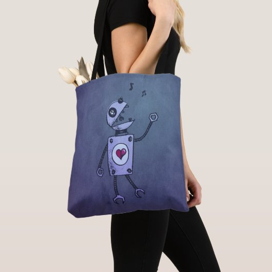 Blue Happy Cartoon Singro Robot Tote Bag (Dichtbij)