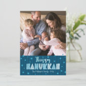 Blue Happy Chanoeka Foto Moderne Leuke Typografie Feestdagenkaart (Staand voorkant)