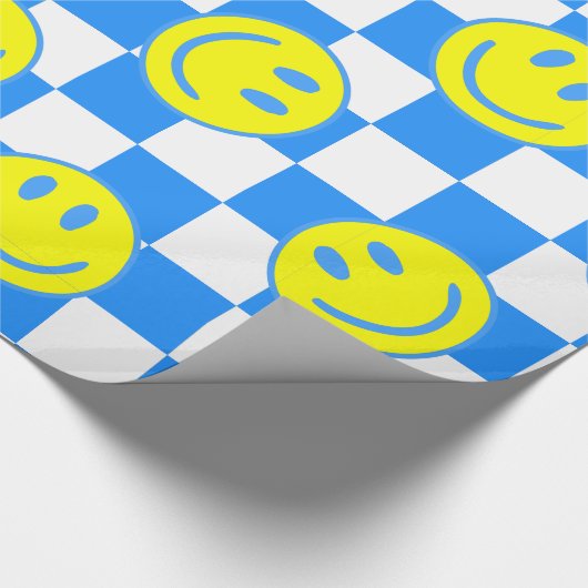 Blue Happy Face Check Groovy Cadeaupapier (Hoek)