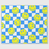 Blue Happy Face Check Groovy Cadeaupapier (Vlak)