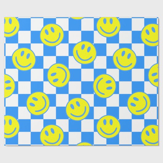 Blue Happy Face Check Groovy Cadeaupapier (Vlak)