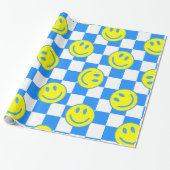 Blue Happy Face Check Groovy Cadeaupapier (Uitgerold)