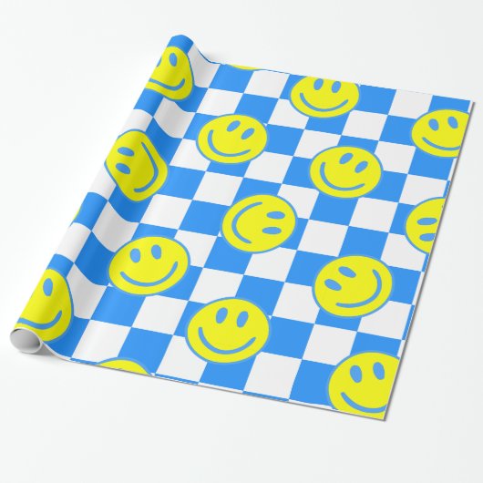 Blue Happy Face Check Groovy Cadeaupapier (Uitgerold)