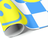 Blue Happy Face Check Groovy Cadeaupapier (Rol Hoek)