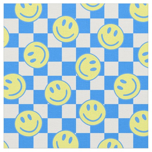 Blue Happy Face Check Groovy Stof (Close Up)