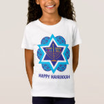 Blue Happy Hanukkah T-shirt<br><div class="desc">Gelukkige Chanoeka in blauwe tinten met gele menora en Davids ster op een achtergrond. Kleurrijke kaarsen. Geweldig als cadeau. Ik wens je veel geluk Chanoeka!</div>